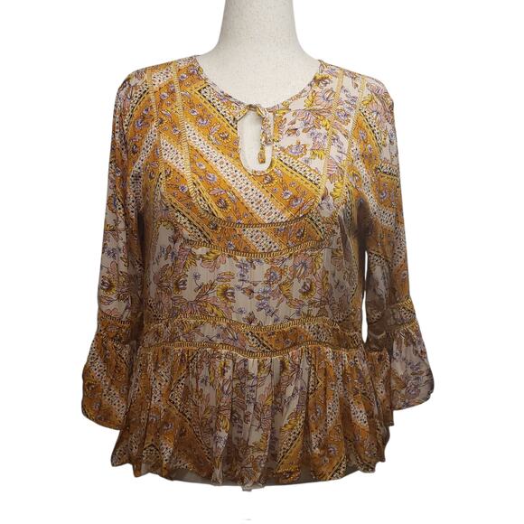 Janse Vintage Marigold Floral Blouse  Size L Ruffles Boho 70s 80s Cottagecore - Picture 1 of 8